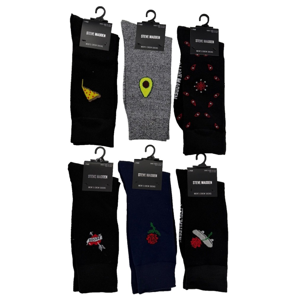 Steve Madden Men's Crew Socks Lot Of 6 Novelty Black Navy Gray Size 10-13 NWT
